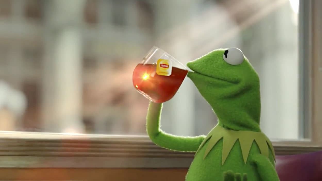 Kermit the Frog sipping tea in the That's None of My Business meme