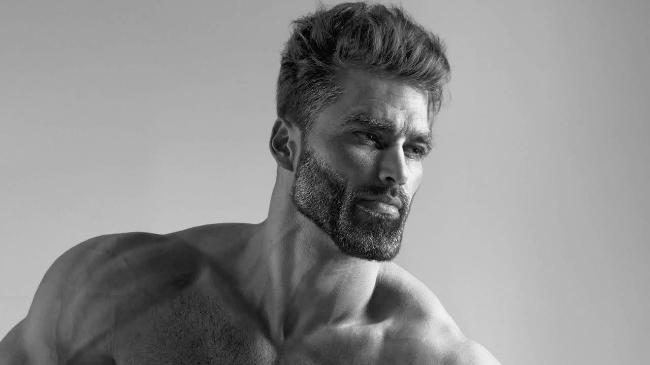 The black-and-white portrait associated with the GigaChad meme