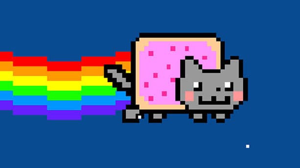Pixel-art Nyan Cat flying with a rainbow trail