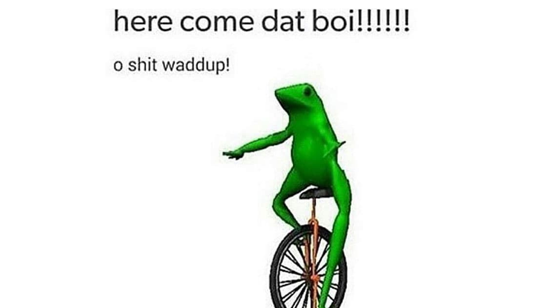 The green Dat Boi frog riding a unicycle