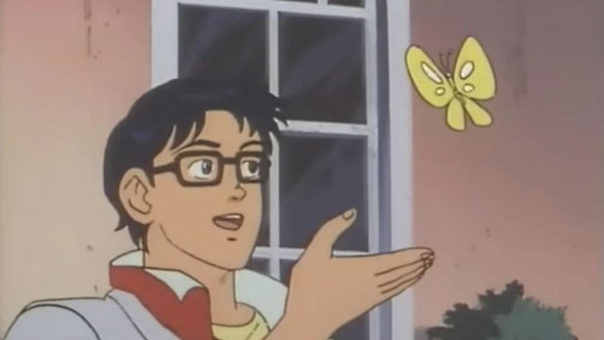 Anime character gesturing toward a butterfly in the Is This a Pigeon meme