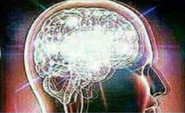 Four increasingly illuminated brain images in the Galaxy Brain meme format